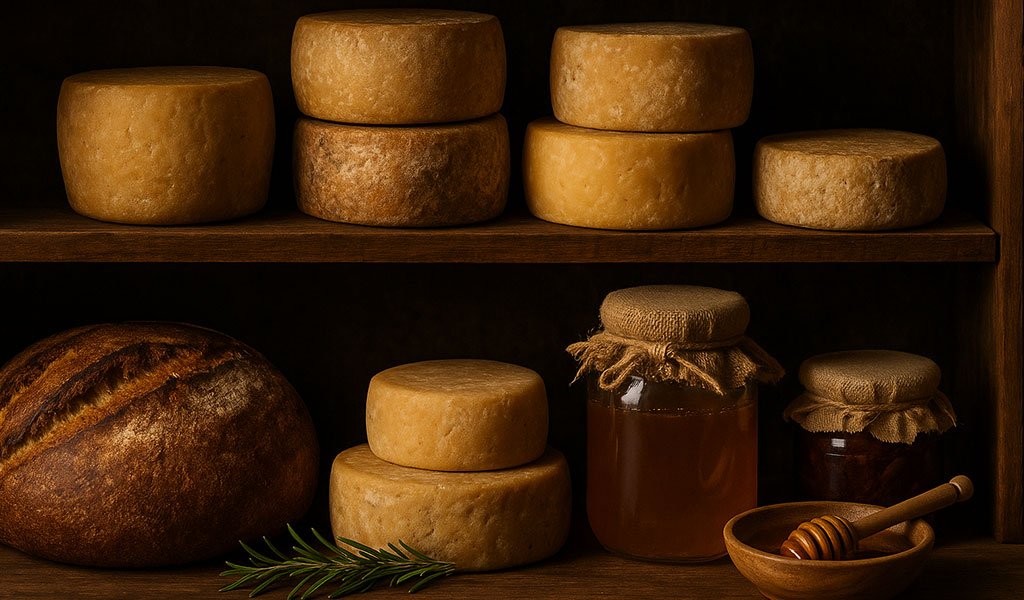 Scena di cucina artigianale con forme di formaggio stagionato, pane rustico e miele, simboli autentici della tradizione gastronomica italiana.