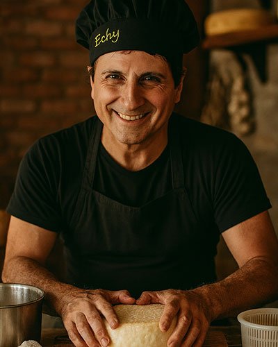 Eustacchio Molinelli, casaro artigianale sorridente in cucina rustica, mentre modella una forma di formaggio fatto in casa con passione e autenticità.