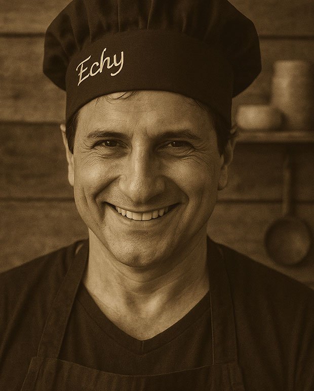 primo piano del casaro con cappello “Echy”, sorriso autentico