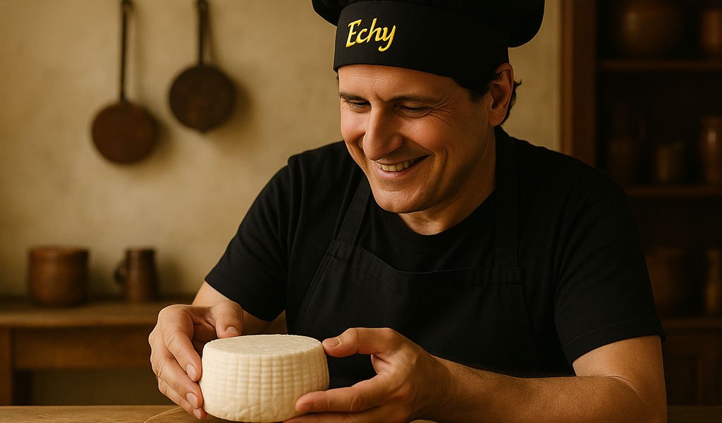 con cappello nero “Echy” e grembiule, sorridente e rilassato mentre osservi con orgoglio una piccola ruota di formaggio fresco appena tolta dallo stampo.
